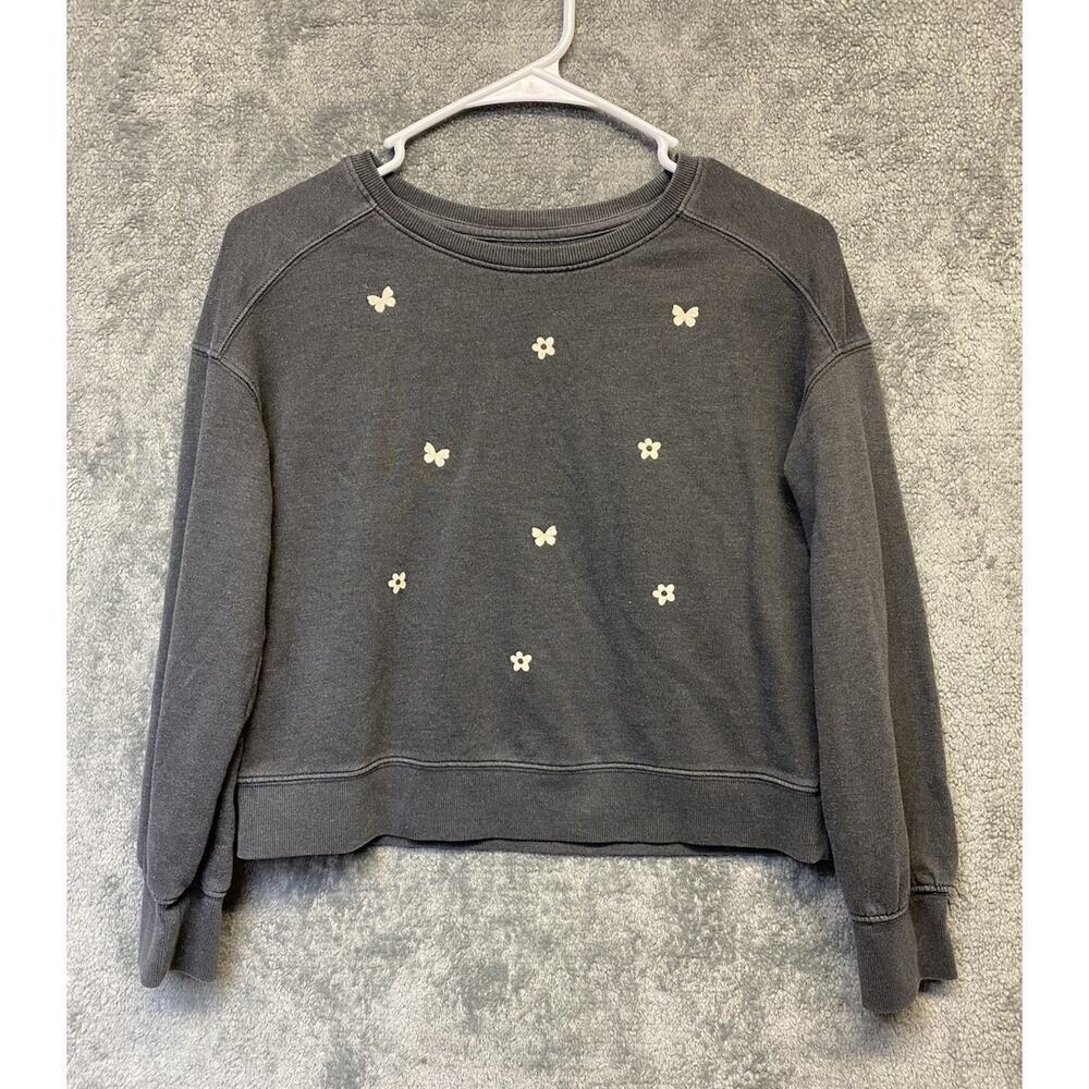 Cat & Jack Faded Gray Butterfly & Flower Sweatshirt Girls Size L 10-12